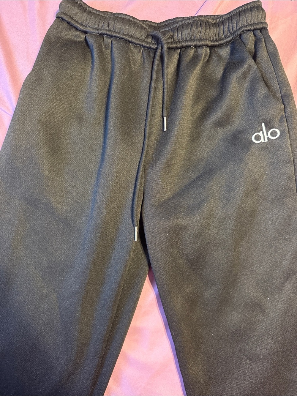 ALO Yoga Black Track Joggers with White Logo